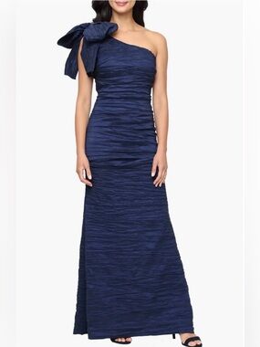 Alex Evenings Navy Bow Detail One-Shoulder Ruched Satin Gown size 4